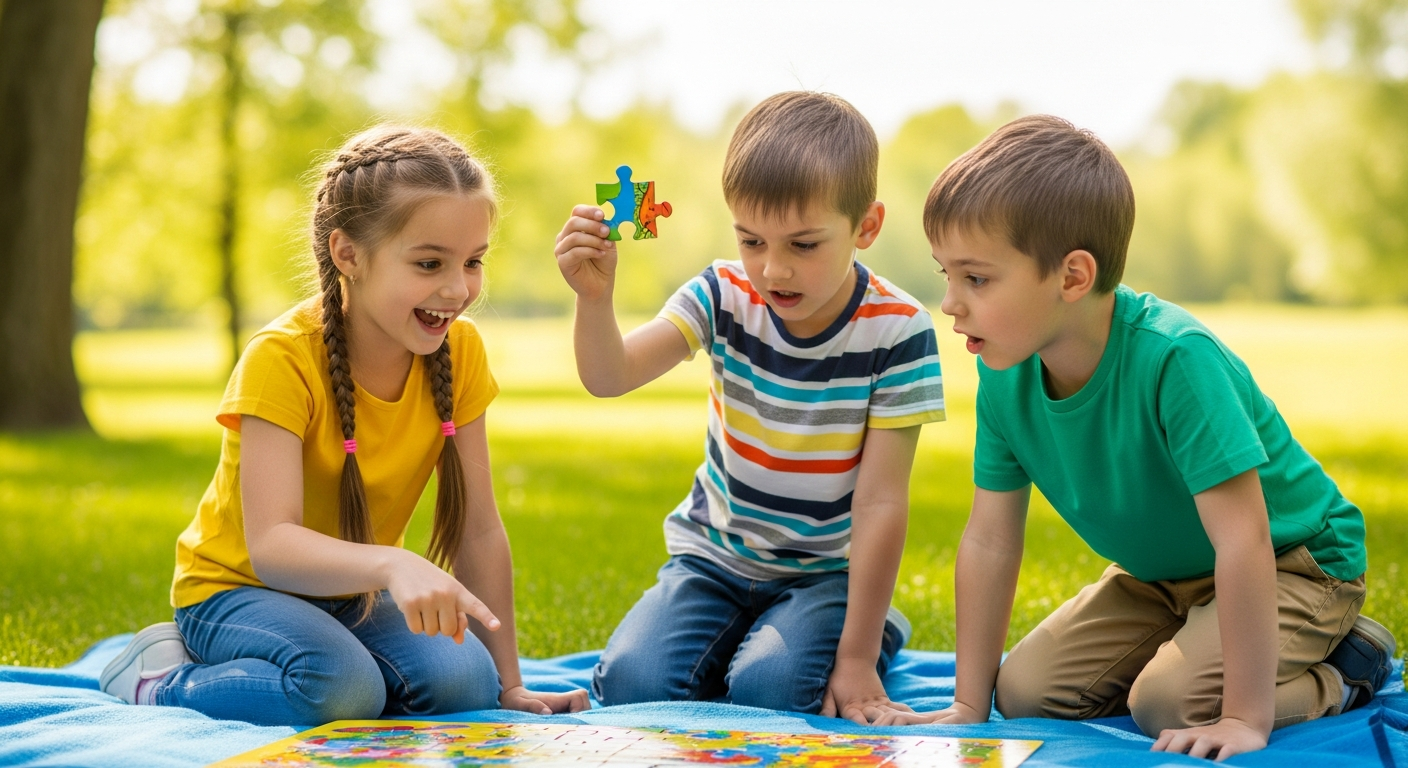 Starsze dzieci grają w cienie, jedno porusza nogami, drugie śledzi